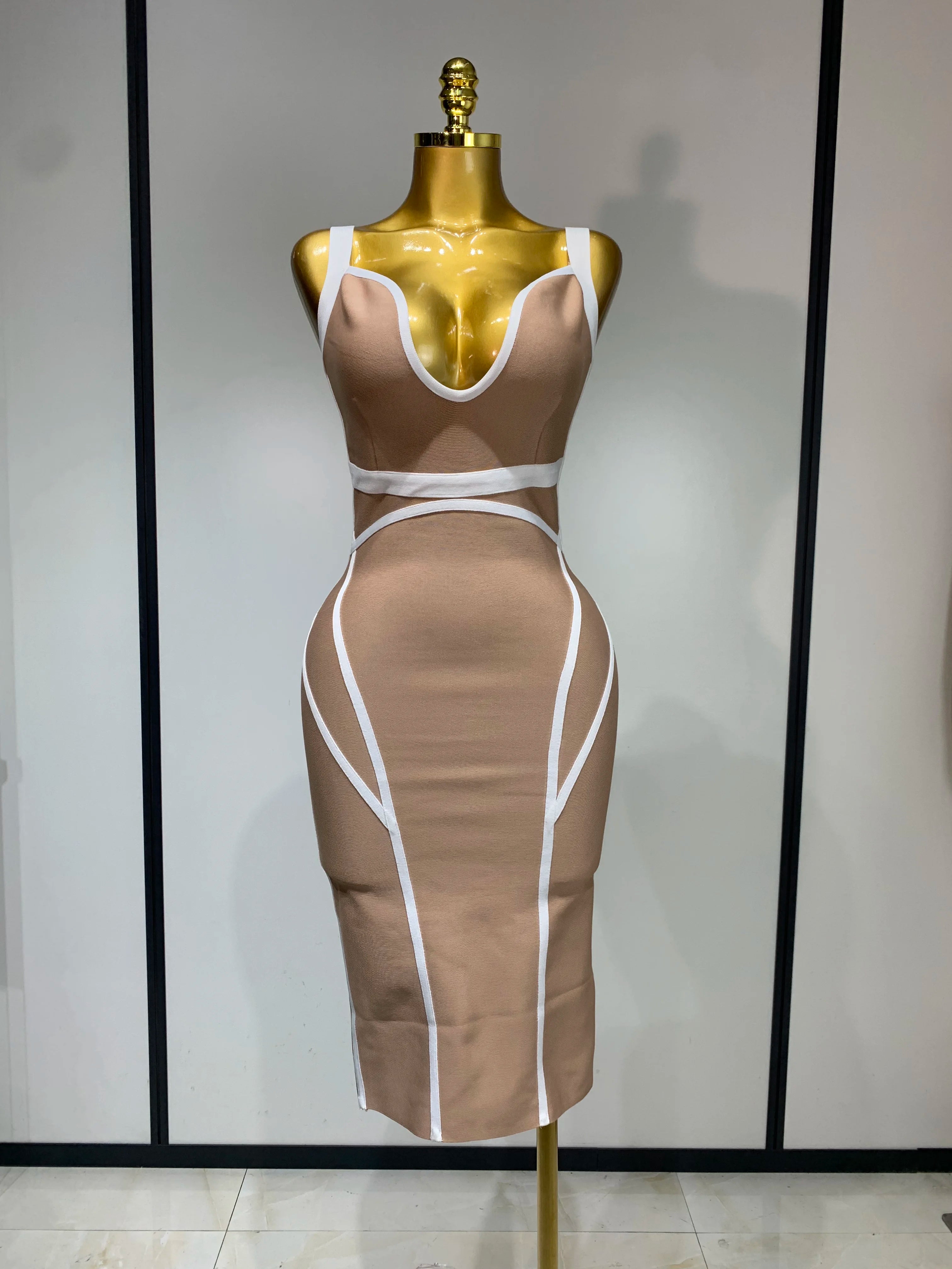 Women Sexy V Neck Striped Midi Bandage Bodycon Dress 2025 Celebrity Elegant Evening Club Party Luxury Birthday Outfit