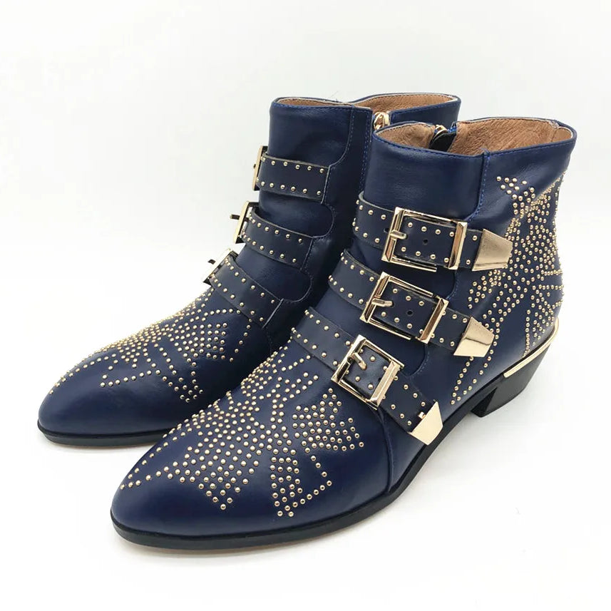 Women's Ankle Boots Rivet Flower Susanna Studded Cowboy Boots Genuine Leather Luxury Shoes Ladies Botines Mujer