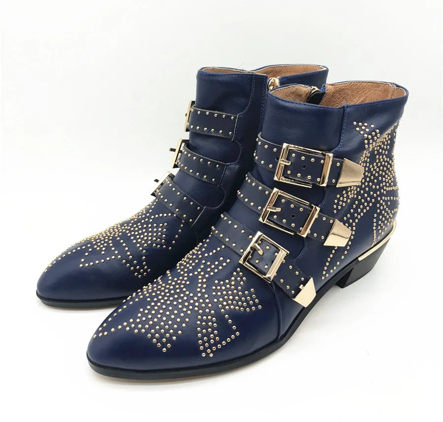Women's Ankle Boots Rivet Flower Susanna Studded Cowboy Boots Genuine Leather Luxury Shoes Ladies Botines Mujer