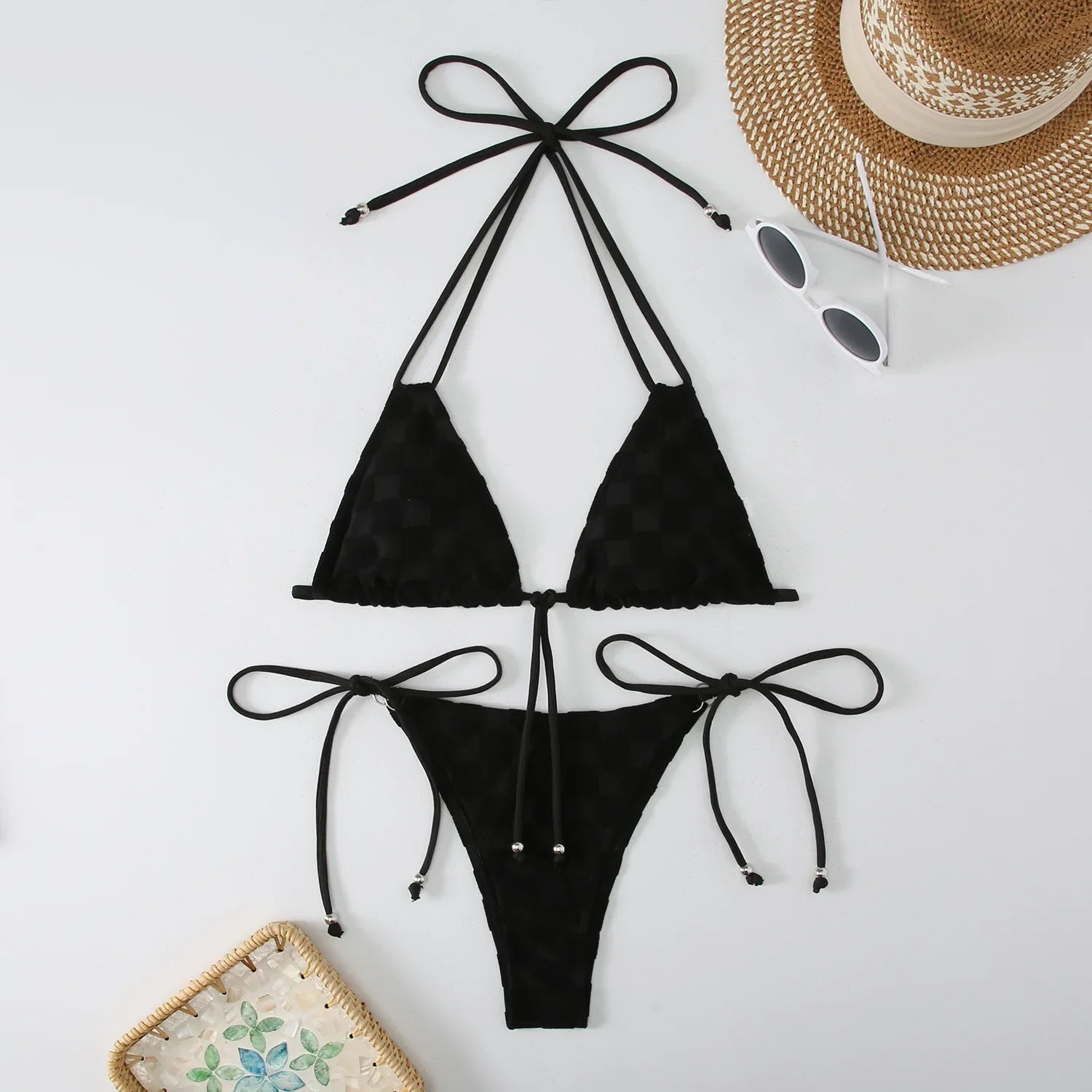 New Style Bikinis Set Sexy Solid Plaid Bikini Swimsuit Push Up Swim Swimwear 2 Piece Colorful Biquinis Black