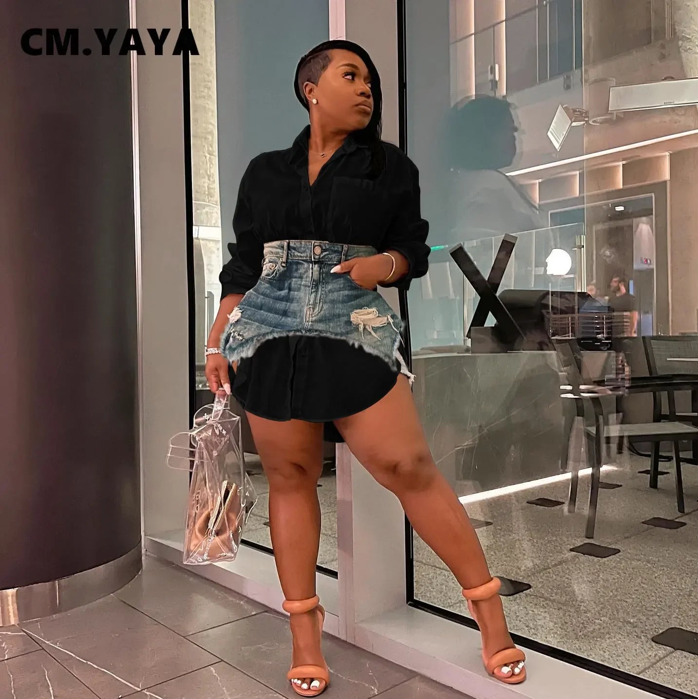 CM.YAYA Vintage Women Long Sleeve Turn-down Collar Shirt Blouse Style Dress with Denim Jean Irregular Mini Skirt Two 2 Piece Set