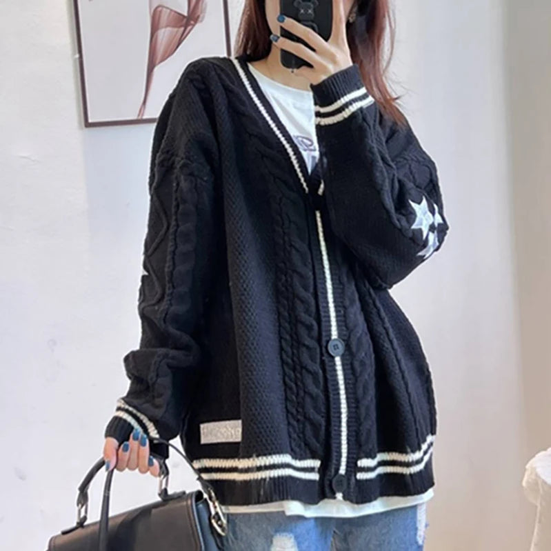 Winter Loose Cardigans Women Star Embroidered Tay Vintage Y2K Streetwear Single Breasted Long Sleeve Top Swift Knitted Sweaters black