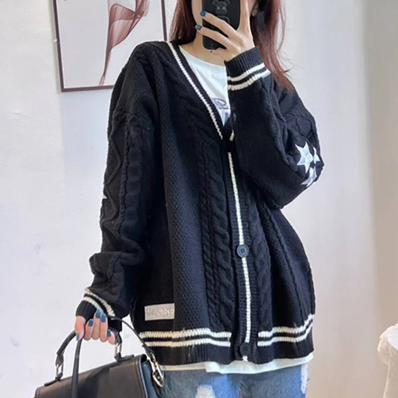 Winter Loose Cardigans Women Star Embroidered Tay Vintage Y2K Streetwear Single Breasted Long Sleeve Top Swift Knitted Sweaters black