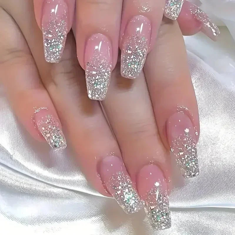 24Pcs False Nails French Gradient Ballet Fake Nails Press on Nails Black Heart Rhinestone Design Glitter Full Cover Nail Tips