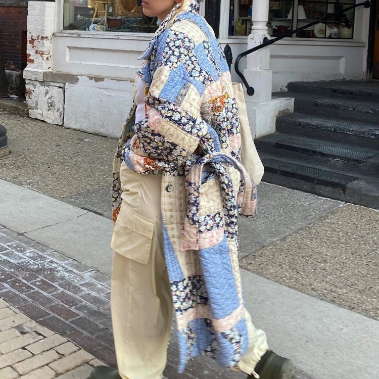 ZBZA Women's Fall Winter New Belted Long Quilted Print Jacket Coat Lapel Long Sleeve Single Breasted Long Padded Warm Outerwear