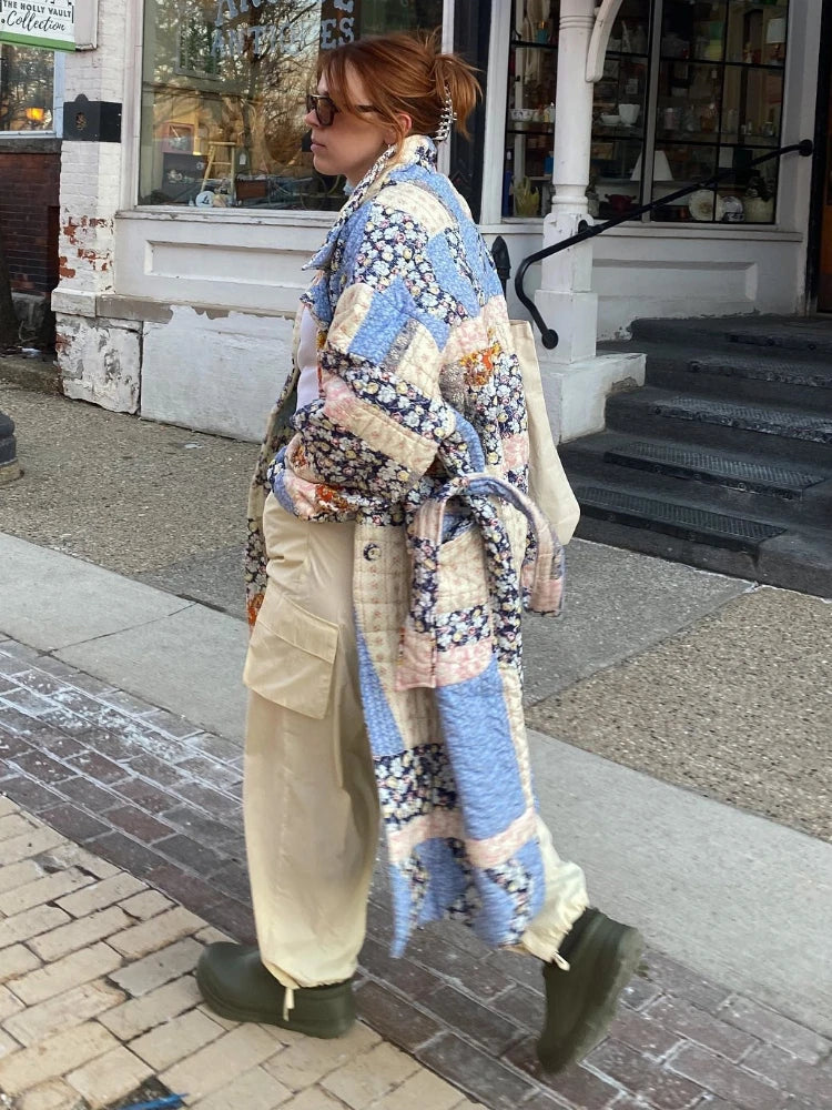 ZBZA Women's Fall Winter New Belted Long Quilted Print Jacket Coat Lapel Long Sleeve Single Breasted Long Padded Warm Outerwear