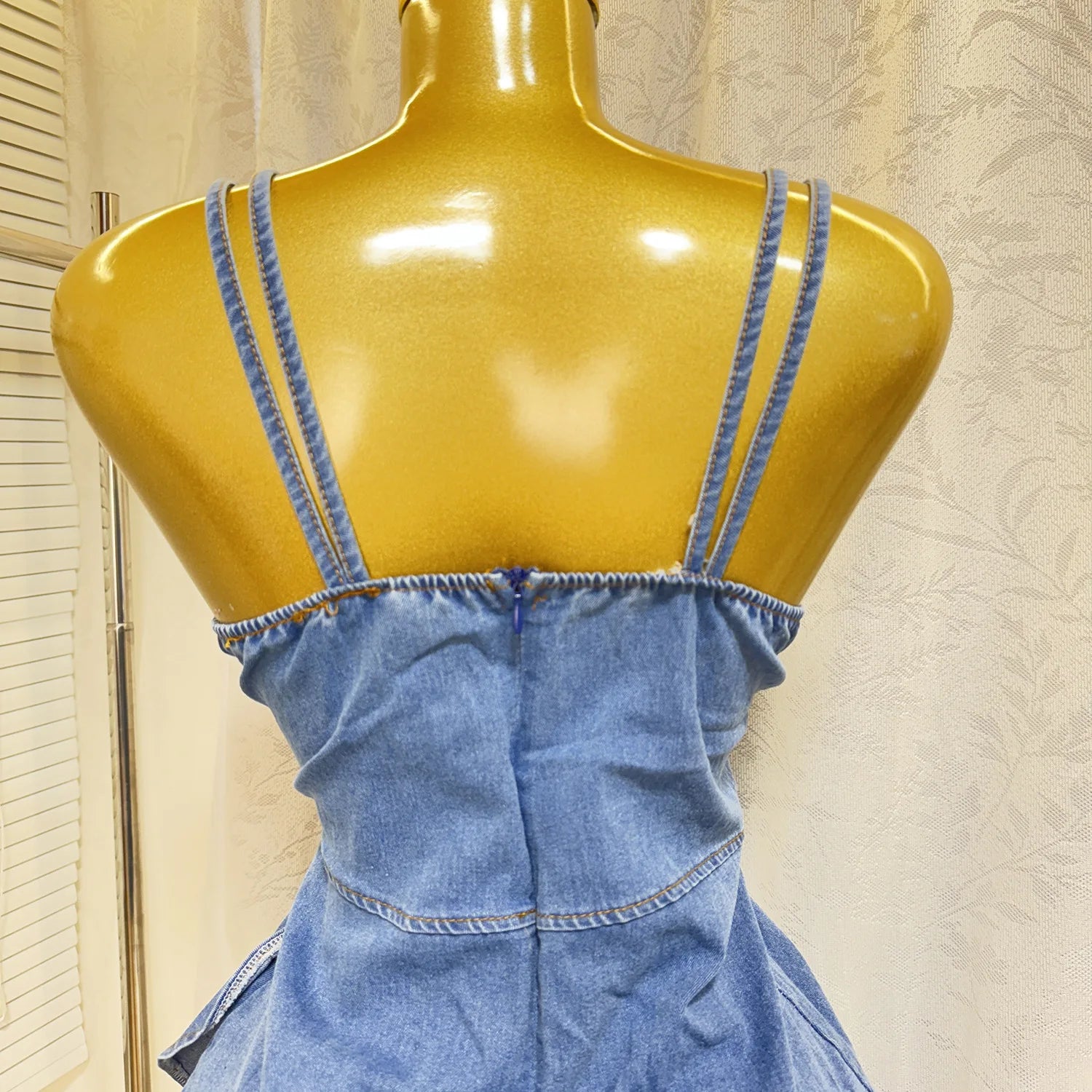 CM.YAYA Women Spaghetti Strap V-neck Ruffles Hem Denim A-line Mini Dress 2025 Chic Birthday Night Club Party Vestidos Dresses