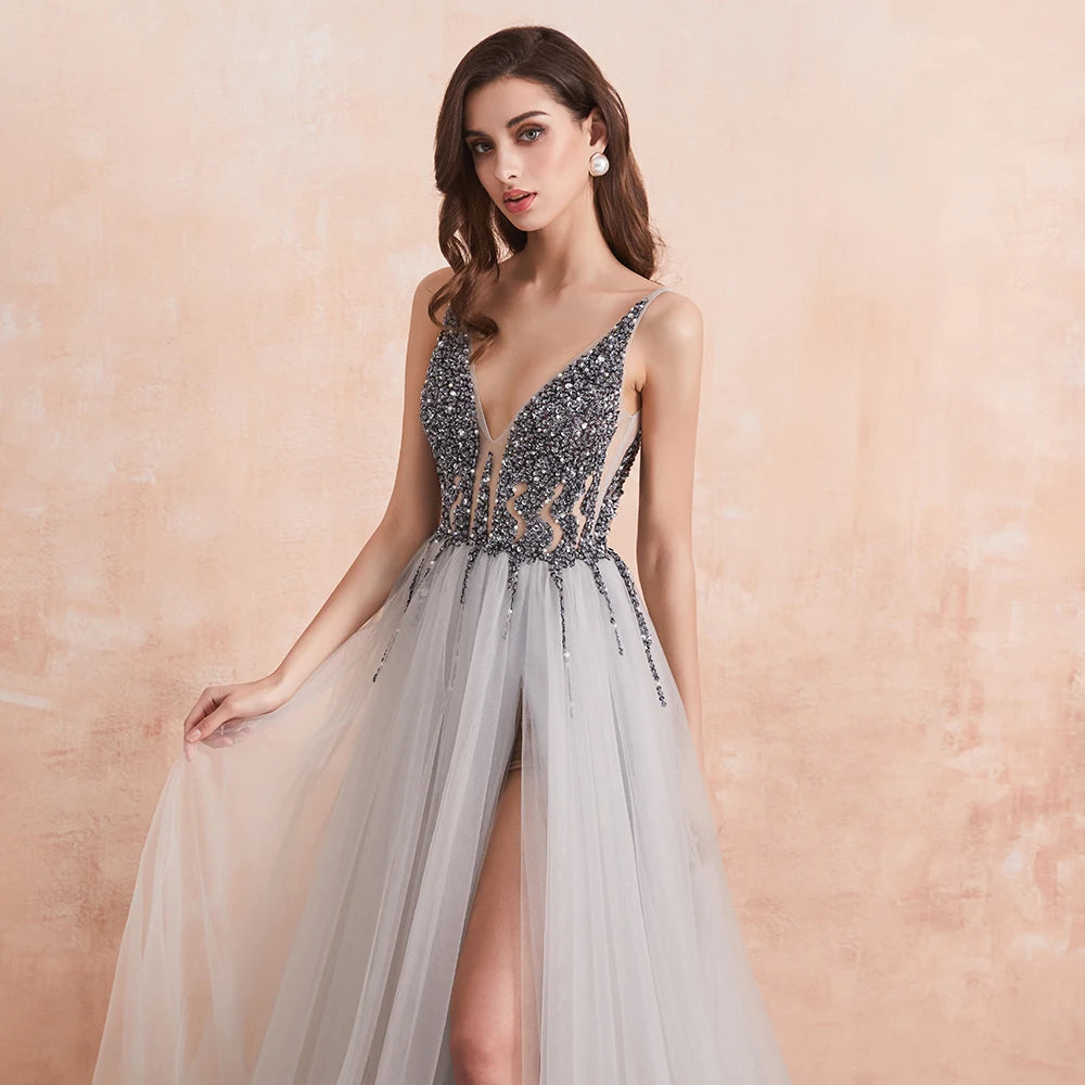 Sexy V Neck Evening Dresses for Women Green Crystal Beaded Beads Backless Prom Formal Gown