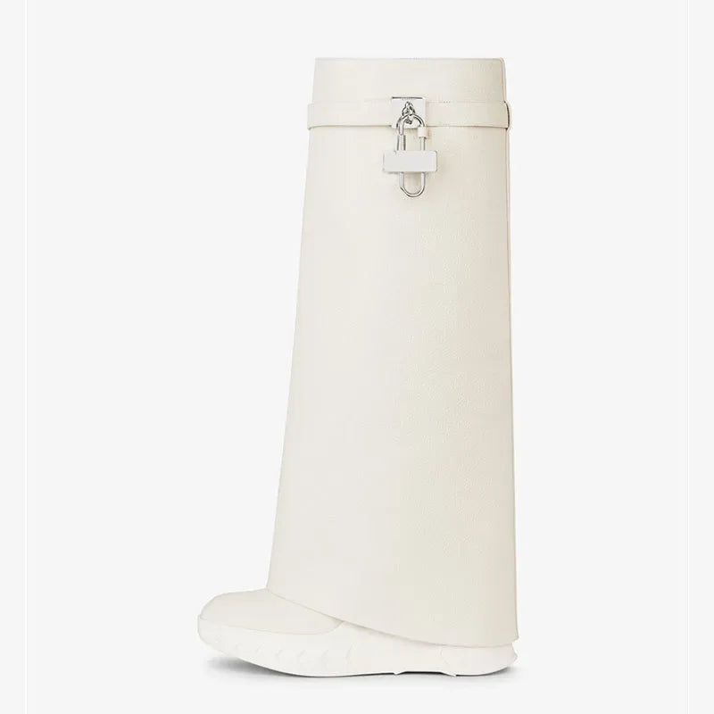 Leather Metal Padlock Woman Knee Length Boots Black Pink Slope Heel Autumn Winter Skirt Boots Size 35-43 Women Shoes 8062White PU