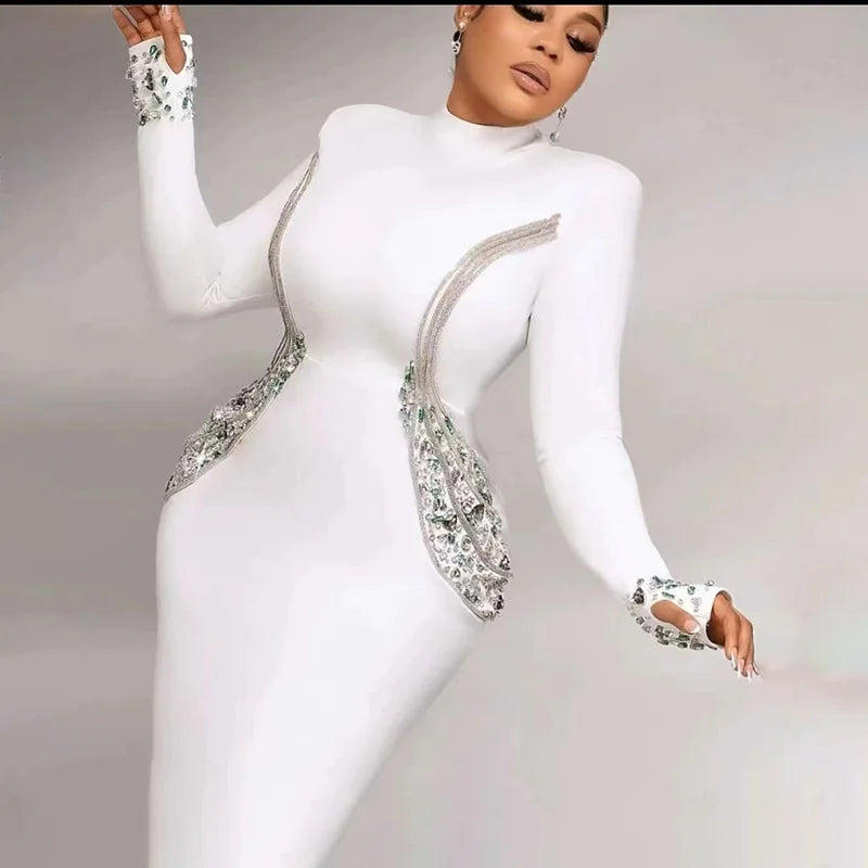 Black White Color Women Long Sleeve Shinning Rhinestones Bodycon Long Bandage Dress Evening Party Celebrate Outfit Vestido