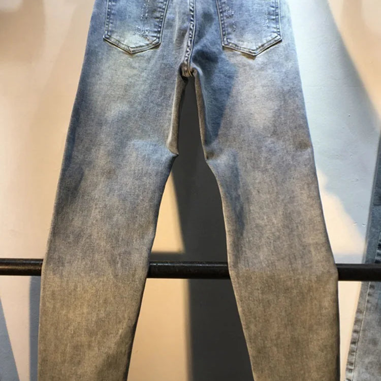 Women's Jeans Diamond Studded Beads Broken Hole Tassel High Waist Loose Denim Long Pants Autumn Fashion