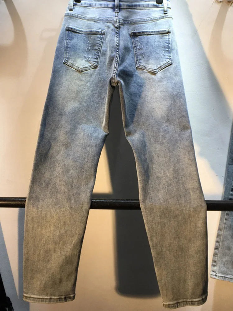 Women's Jeans Diamond Studded Beads Broken Hole Tassel High Waist Loose Denim Long Pants Autumn Fashion