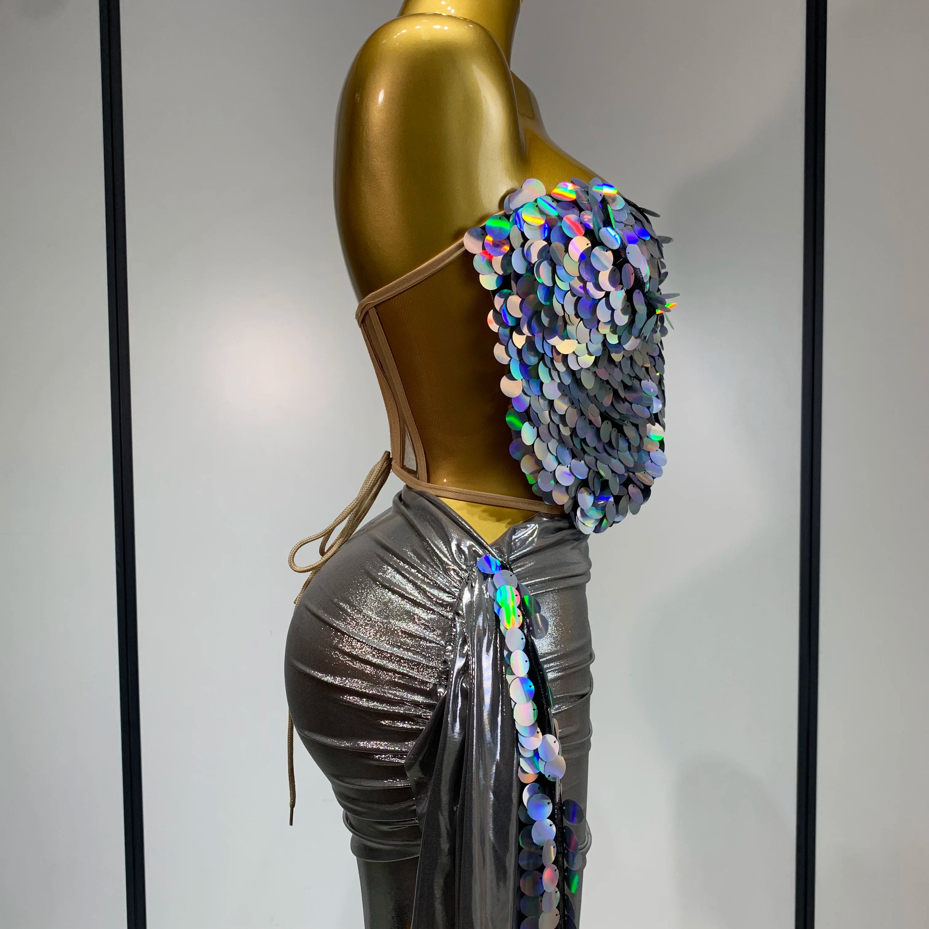 Women Sexy Strapless Sequin Glitter Two Pieces Set Celebirty Elegant Luxury Birthday Evening Party Nightclub Singer Stage Outfit