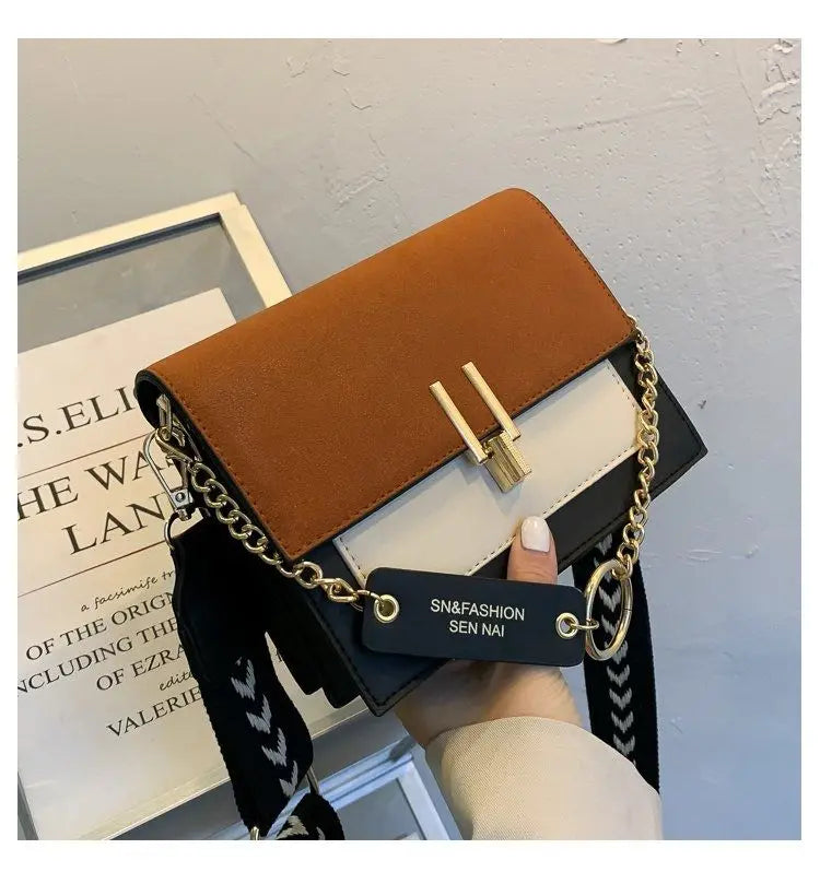 PU Small Bag Women's Wide Shoulder Strap Chain One-Shoulder Crossbody Bag Khaki color