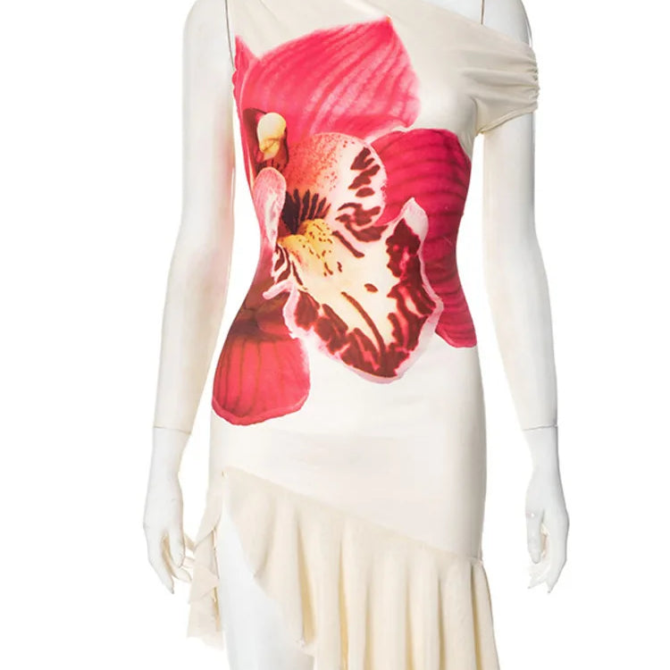 Skew Collar Ruffled Print Sexy Mini Dress For Women Off-shoulder Sleeveless Backless High Waist Printed Dress Vestido