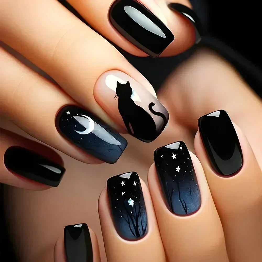 24Pcs Solid Black Short False Nails with Rose Pattern Design Ballerina Square Artificial Full Cover Press on Nail Tips for Girls