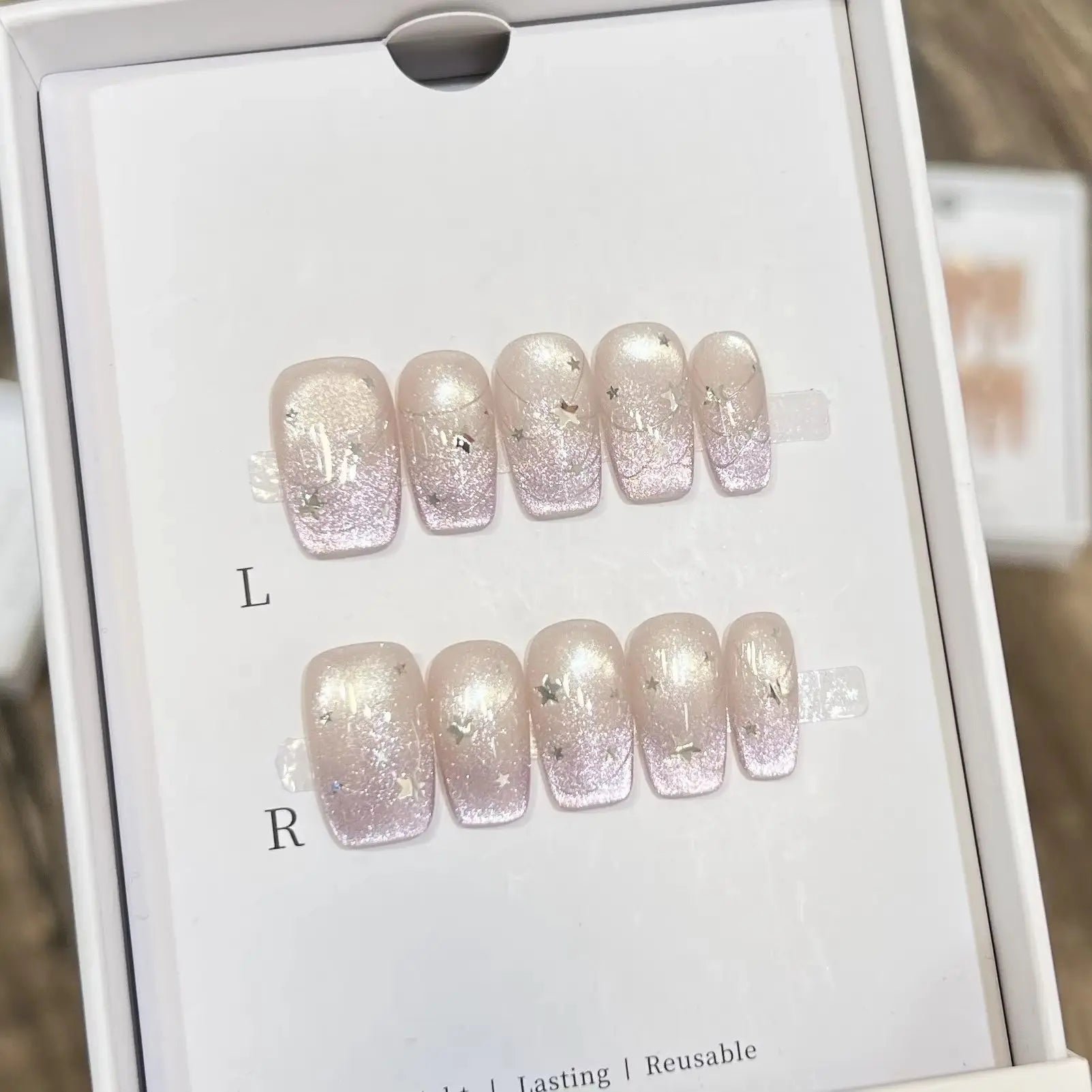 10Pcs Purple Cat Eye False Nail with Glitter Silver Stars French Manicure Nails Mid-length Ballet Elegant Fashion Nail Tips Art