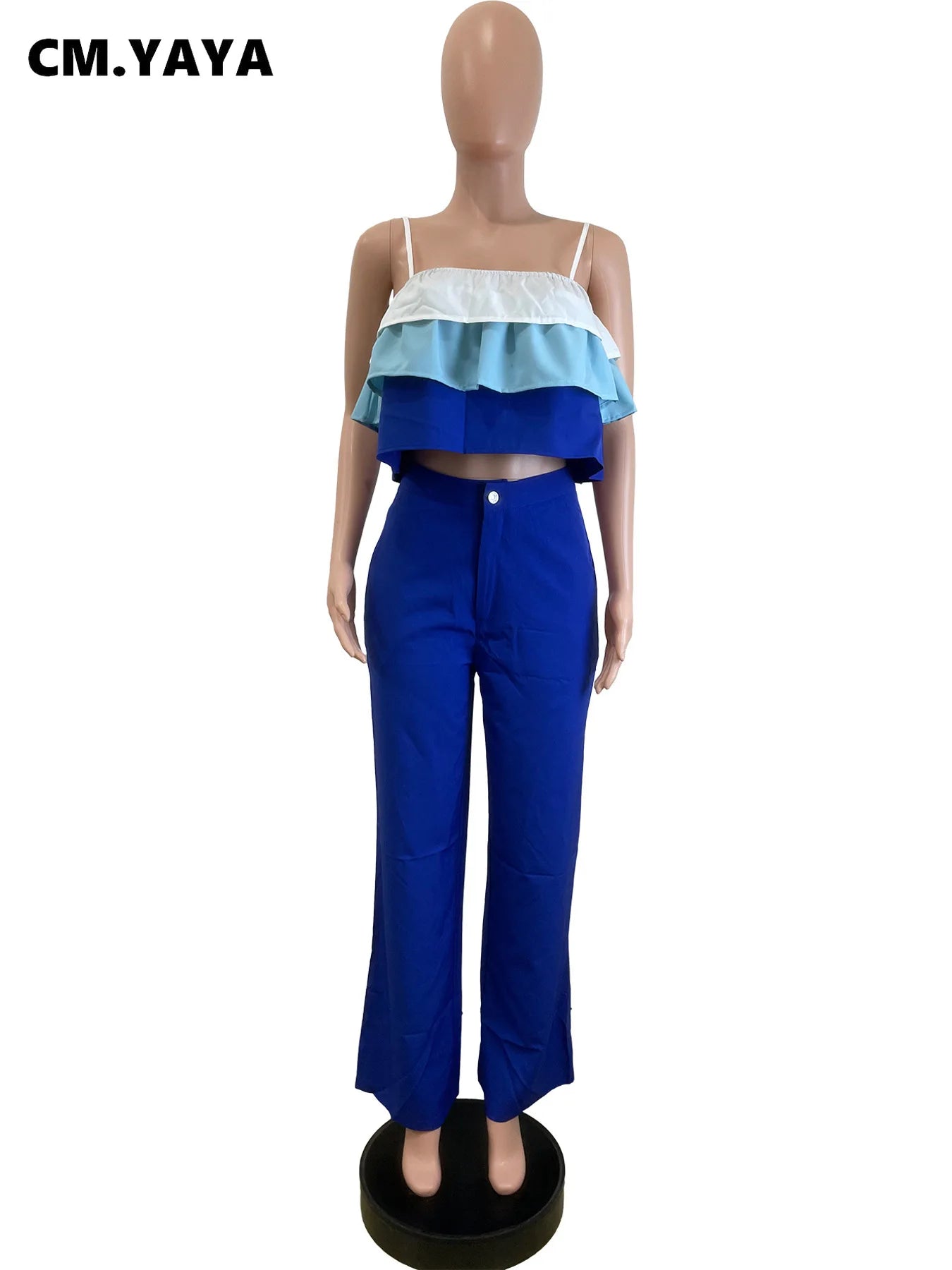 CM.YAYA Fashion Party Women's Set Patchwork Cascading Ruffles Strap Crop Top and Wide Leg Suit 2025 Chic Two 2 Piece Sets Outfit
