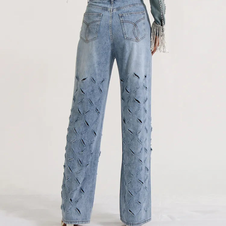 TWOTWINSTYLE Hollow Out Casual Jeans For Women Highh Waist Patchwork Tassel Chic Straight Wide Leg Jean Female Fashion Clothing
