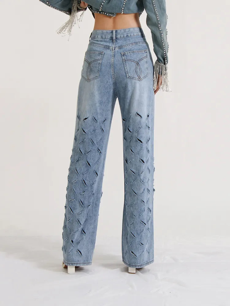 TWOTWINSTYLE Hollow Out Casual Jeans For Women Highh Waist Patchwork Tassel Chic Straight Wide Leg Jean Female Fashion Clothing