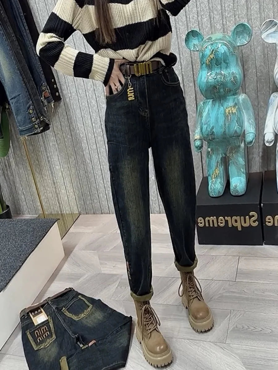 Y2k Jeans Women's Jeans Large Size High Waist Lean Elastic Thick Design Retro Fashion Women's Pants Harun Pants