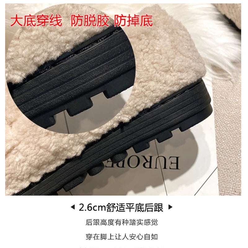 Novos sapatos baixos de pelúcia femininos 2023, roupas para atividades ao ar livre e escritório, marca de moda, design de pérolas, botas de neve quentes de inverno, tamanho grande 41-43