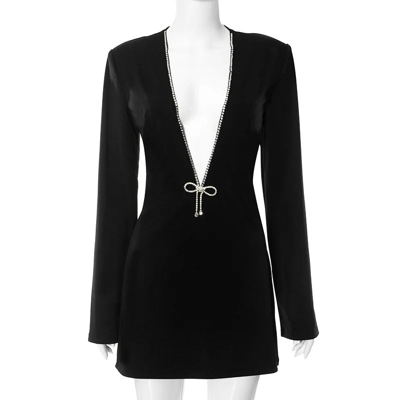 Sexy Deep V-neck Diamonds Sparkling Women Dress Black Long Sleeve Evening Dress Autumn Slim Elegant Party Clubwear Black