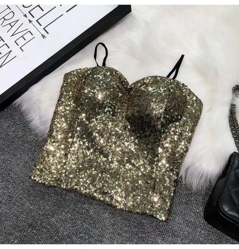Women's Fashion Sexy Women Nick Sparkling Sequins Vest Harness At Night Binder Chest Gold One Size
