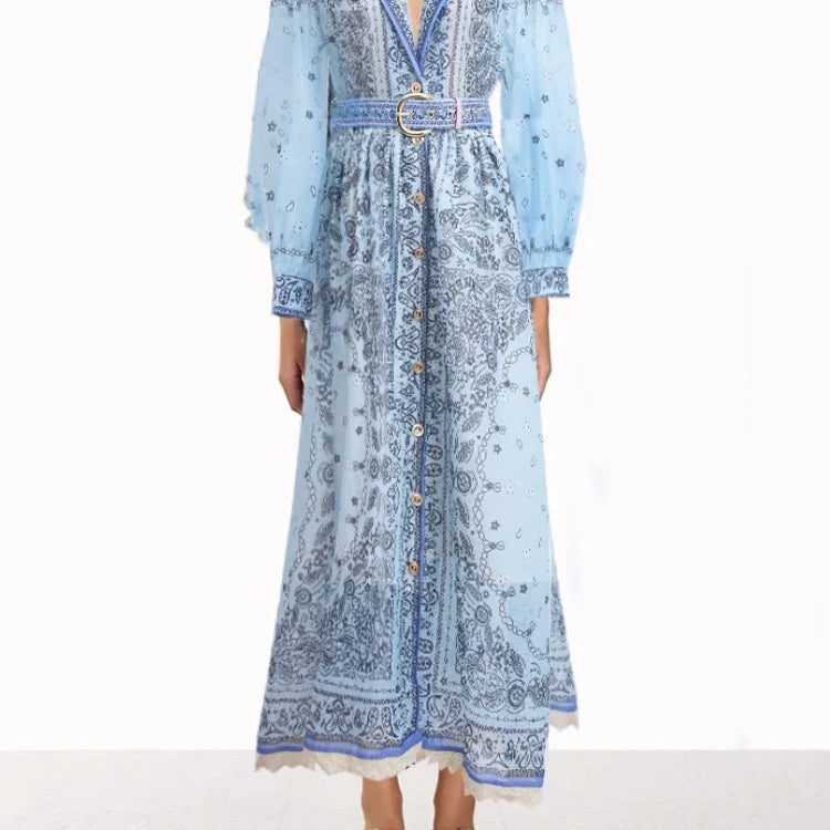 Summer Vintage For Women Printing Dresses Long Sleeve Lapel Single Breasted Chiffon Dress High Waist New Luxury Female Clothing