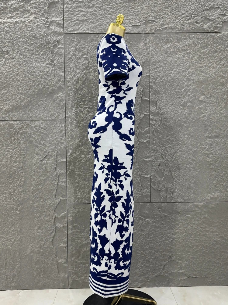 Top Quality Women Short Sleeve Sexy Blue Jacquard Bodycon Long Bandage Dress Elegant Evening Party Occation Office Wear