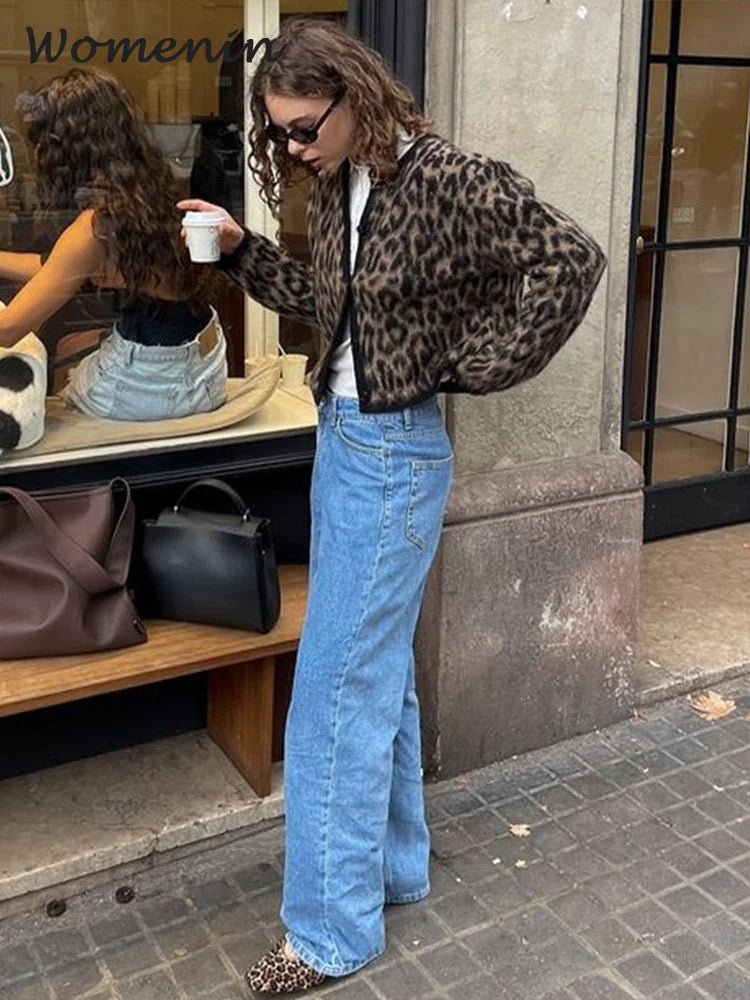 Vintage Leopard Print Mohair Women Cardigans Knitted O-neck Single Breasted Short Sweater Autumn Lady Casual Streetwear New