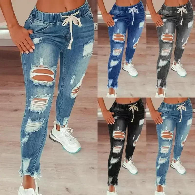 High Waist Ripped Elastic Waist Drawstring Jeans for Women Ripped Jeans European and American