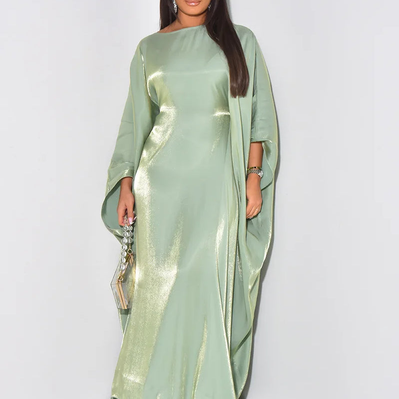 CM.YAYA Women Loose O-neck Full Batwing Sleeve Long Maxi Dress Summer Satin Vintage Africa Streetwear Vestido Evening Dresses
