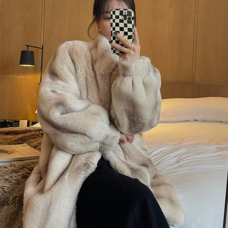 Winter Thick Warm Faux Mink Fur Coat Women Stand Collar Elegant Chic Luxury Designer Clothes Runway Fluffy Jacket 2022 Beige