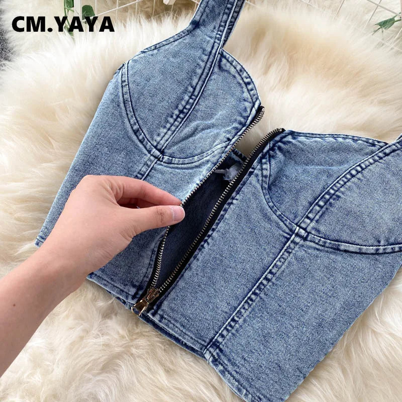 CM.YAYA Women Denim Sets Sleeveless Strap Crop Top and Long Skirts Suits 2024 Summer Jeans Streetwear Two 2 Piece Sets Outfits