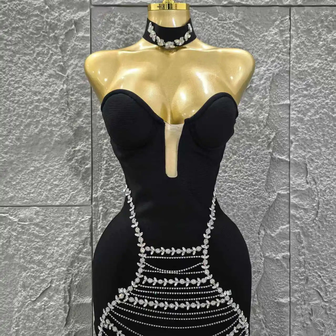 Vestido curto preto sexy sem alças brilhante, bodycon, mini vestido bandage, colar, moda festa noturna