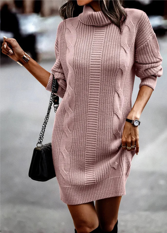 Winter Turtleneck Knitted Dress Women Casual Solid Long Sleeve Pullovers Robe Elegant Sweater Dresses Female Warm Loose Dress Pink