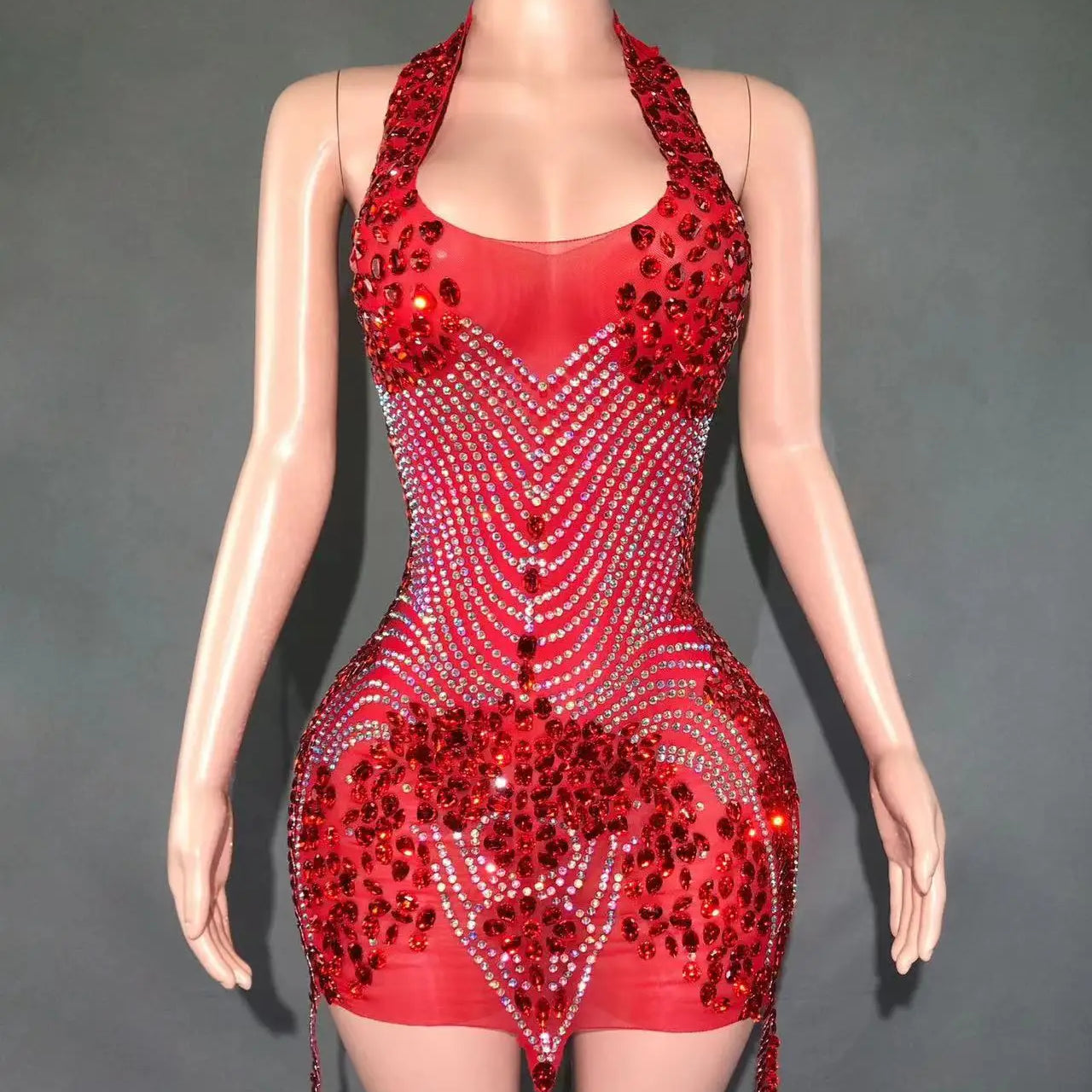 Sparkly Rhinestones Evening Prom Celebrate Birthday Dress Sexy Halter Backless Mesh Velvet Short Dress Performance Stage Wear