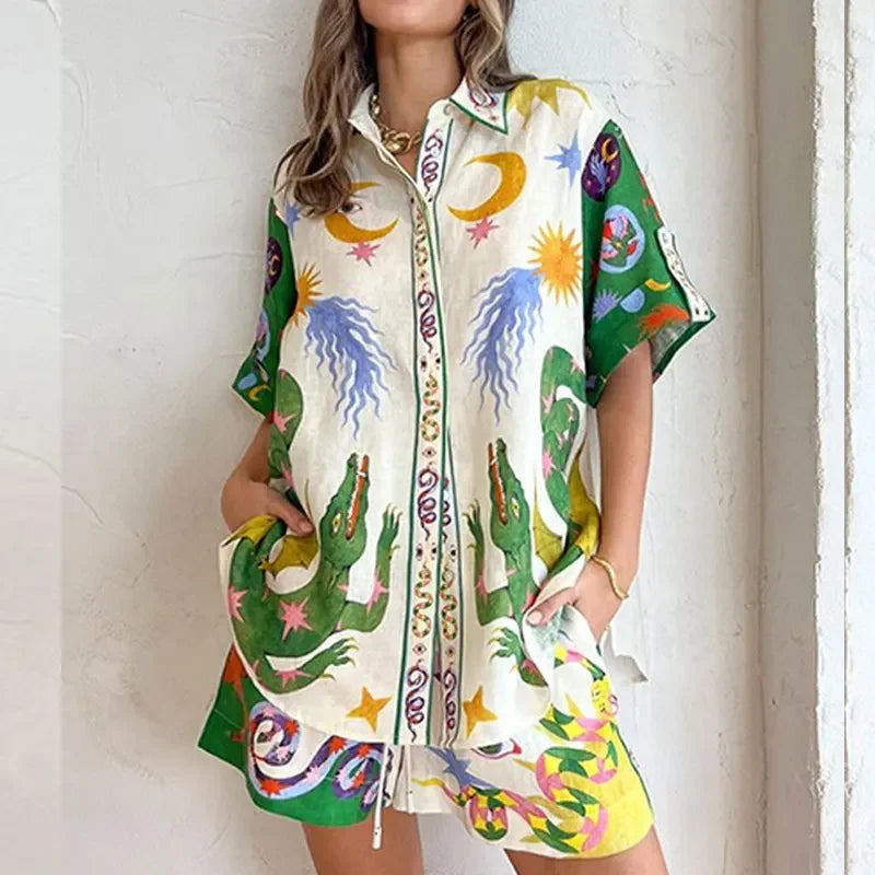 Women Fashion Printed Shorts 2 Piece Sets Causal Loose Lapel Single Breasted Shirts And Drawstring Short Suits Lady Beach Outfit Green