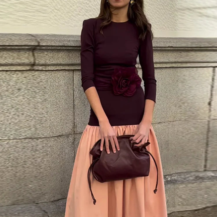 Elegant Round Collar Long Sleeve Slim Robe Women Contrast Spliced Pleated Hem Long Dress New Lady Fashion Evening Party Dresses