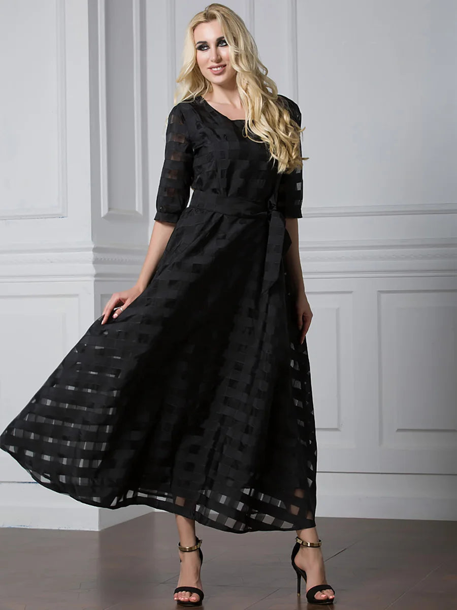 Stylish Muslim Femininity Elegant plus-size women's dress Dubai Arabian vintage summer dress slim A-line plaid dress