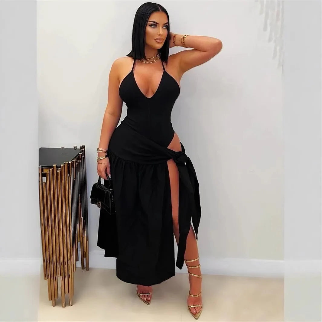 CM.YAYA Summer Women Halter Sleeveless V-Neck Tie Up High Side Split High Waist A-Line Dress Night Club Party Dresses Vestidos Black