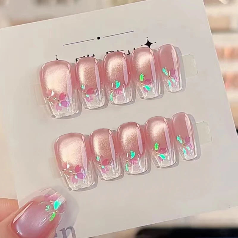 10Pcs Purple Cat Eye False Nail with Glitter Silver Stars French Manicure Nails Mid-length Ballet Elegant Fashion Nail Tips Art
