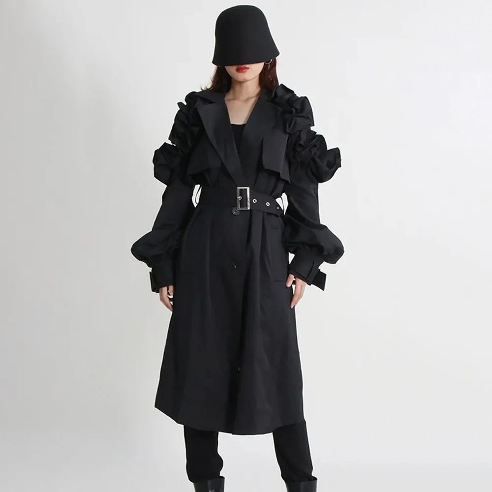 TWOTWINSTYLE Casual Spliced Ruffles Trenches For Women Lapel Long Sleeve Patchwork Belt Vintage High Street Trench Female Style