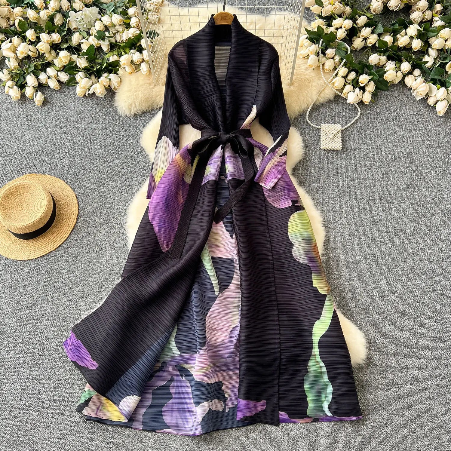 XFPV Elegant Style Long Sleeve Lapel Waist Cinching Strap Pleated Print Dress Vestidos For Women Y2k Korean Fashion Autumn 2024 Black One Size