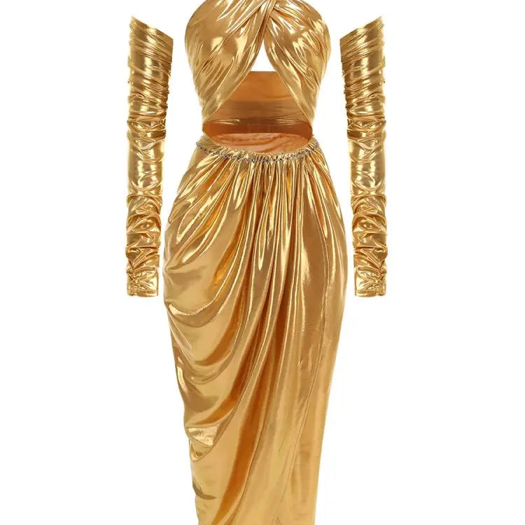 Golden Color Women Sexy Halter Off the Shoulder Bodycon Long Dress Gloves Fashion Evening Party Cocktail Birthday Dress