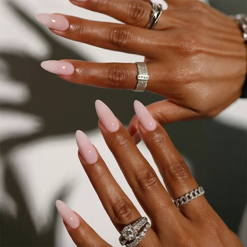 24Pcs Mid-length Almond Fake Nail with White Gradient Design Press on False Nails Round Head Wearable Full Cover Nails Tips Art