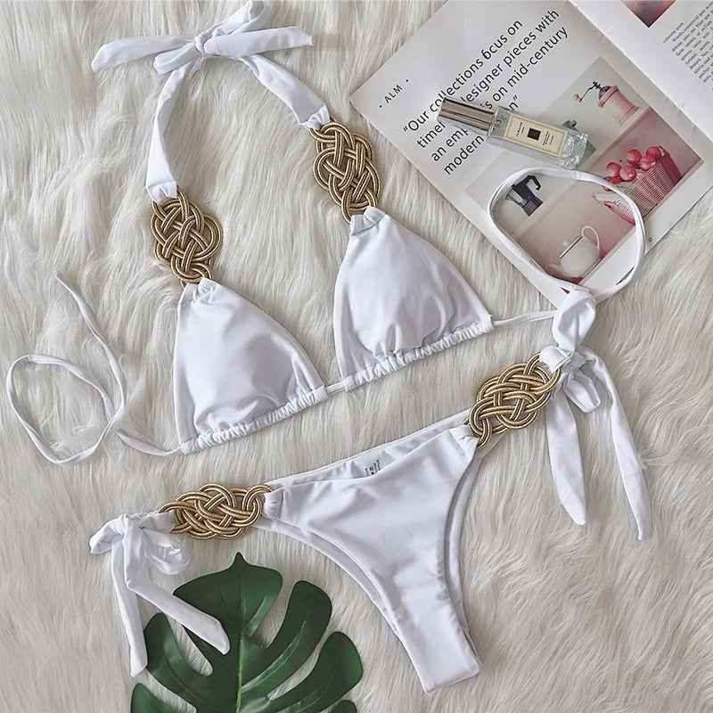 Sexy Hand Knitted Bikini Push Up Swimwear Women Brazilian Bikini Swimsuit Halter Biquini Two Pieces Bathing Suit WHITE