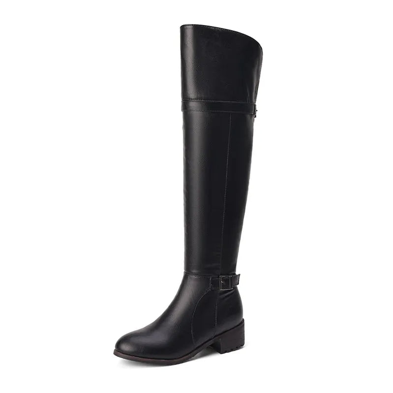 SIMLOVEYO Women Thigh Boots 48cm Round Toe Chunky Heels 4cm Belt Buckles Size 46 47 48 Leisure Ridding Booty