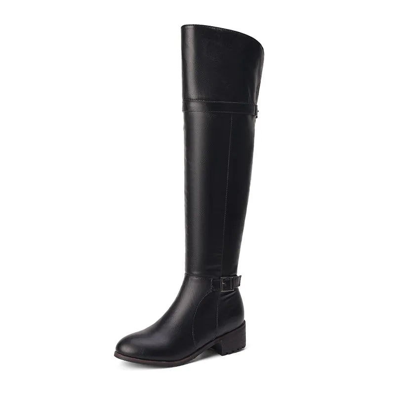 SIMLOVEYO Women Thigh Boots 48cm Round Toe Chunky Heels 4cm Belt Buckles Size 46 47 48 Leisure Ridding Booty